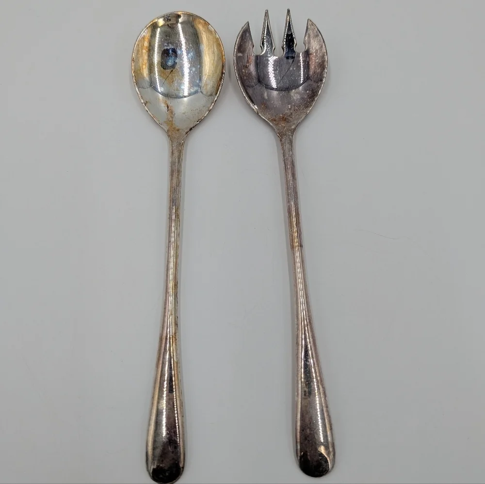 Vintage Made In Italy Silver Plated Spoon & Fork Salad Serving Set Collectible